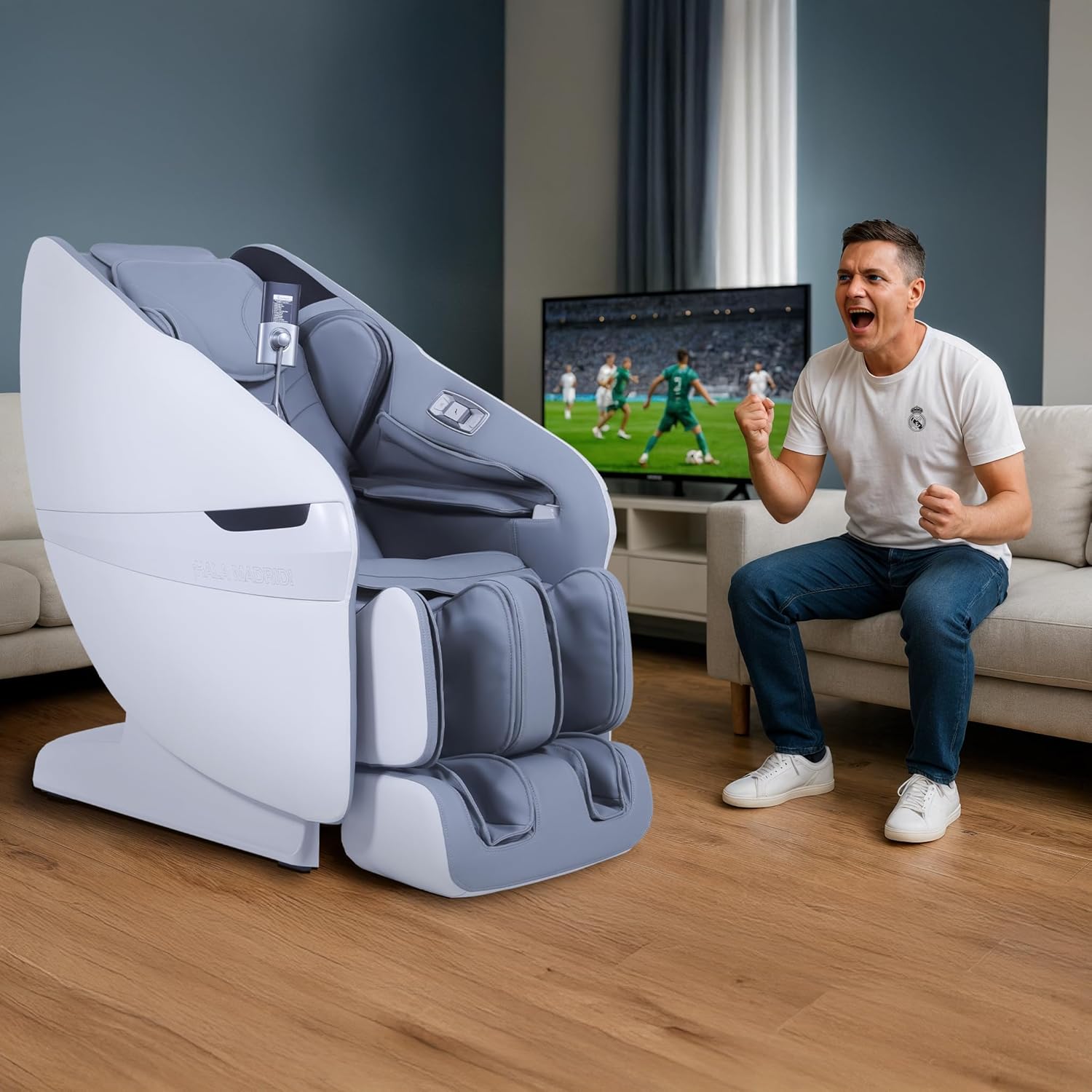 GLOBAL RELAX REAL Madrid | Elite PRO Limited Edition Massagesessel 4D offizielles Real Madrid | Schwerelosigkeit | Pressotherapie | Körperscannen mit KI 