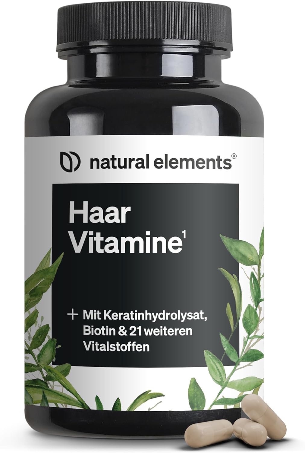 natural elements Haar Vitamine – 180 Kapseln – hochdosiert mit Keratinhydrolysat, Biotin, Selen, Zink, Hirseextrakt, B-Vitaminen & mehr – für Haare, Haut & Nägel* – laborgeprüfte Qualität