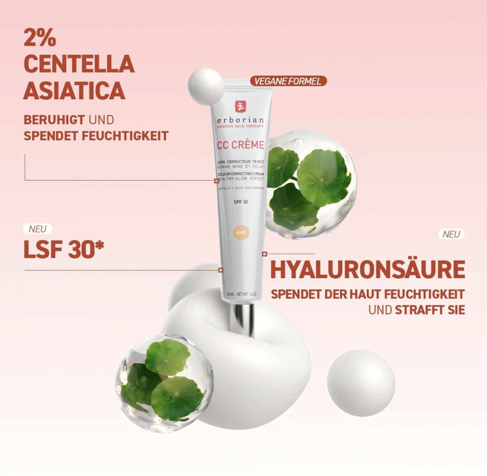 Erborian - CC Crème mit Centella Asiatica - High-Definition Illuminierende GesichtsCrème und Make-up - Sonnenschutz SPF 30 - Koreanische Kosmetik