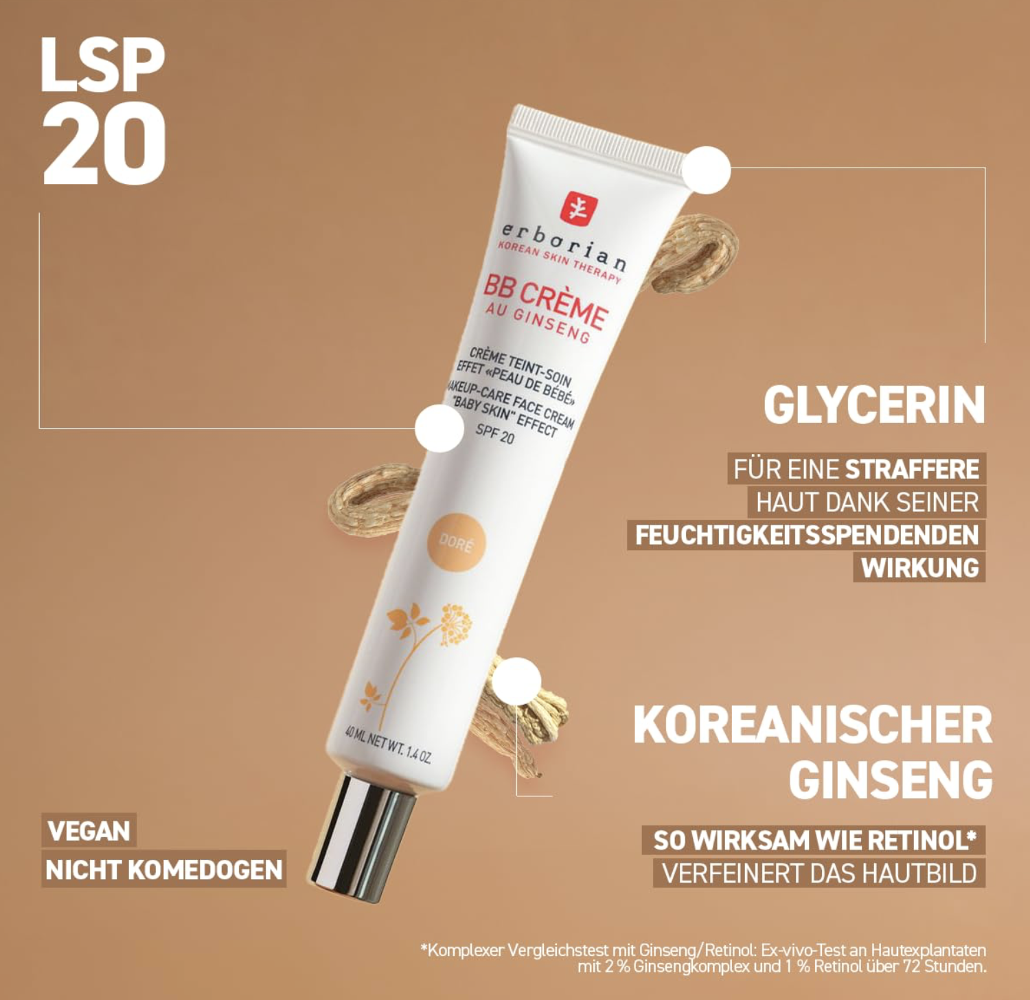 Erborian BB Crème mit Ginseng - Hautperfektionscreme - Babyhaut-Effekt - 5-in-1 koreanische Gesichtskosmetik mit LSF 20 - Nude - 15 ml