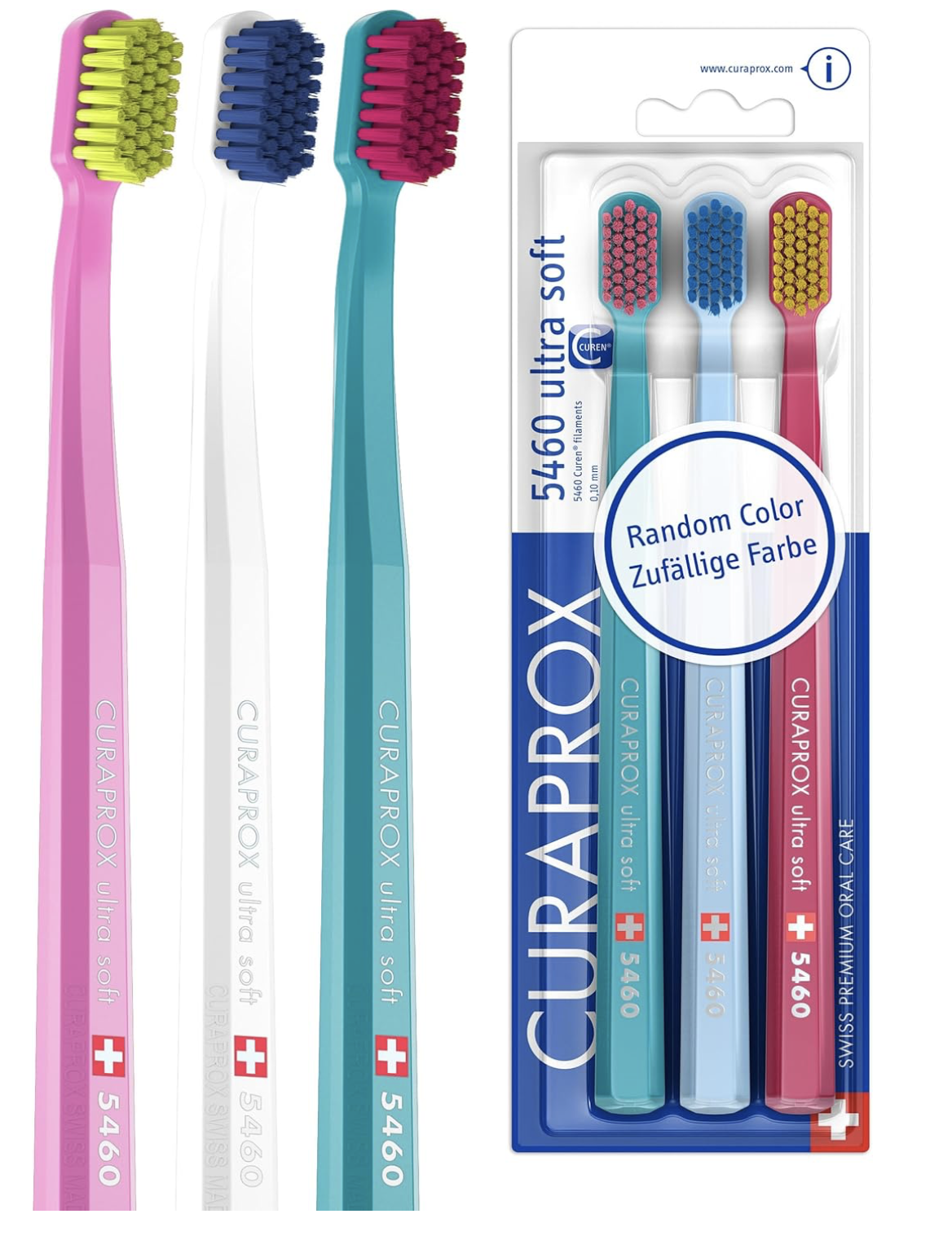 Curaprox CS 5460 Ultraweiche Zahnbürste | Zufällige Farbe | Zahnfleisch- und Zahnpflege für Erwachsene | Ultraweiche Curen®-Borsten | 3er Pack | Hergestellt in der Schweiz