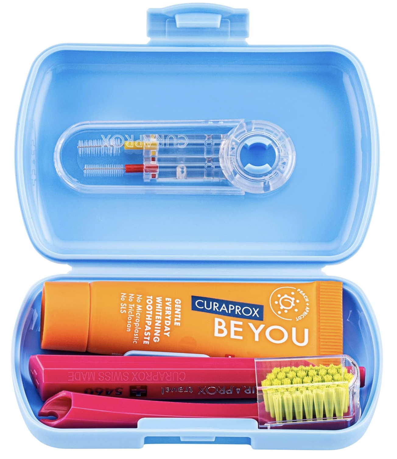 Curaprox Travel Kit – CS 5460 Zahnbürste mit „Be You“ Zahnpasta | 2 CPS Prime Interdentalbürsten 07 und 09 | Mundpflege-Set 9,5 x 6 cm | Blau | Made in Switzerland