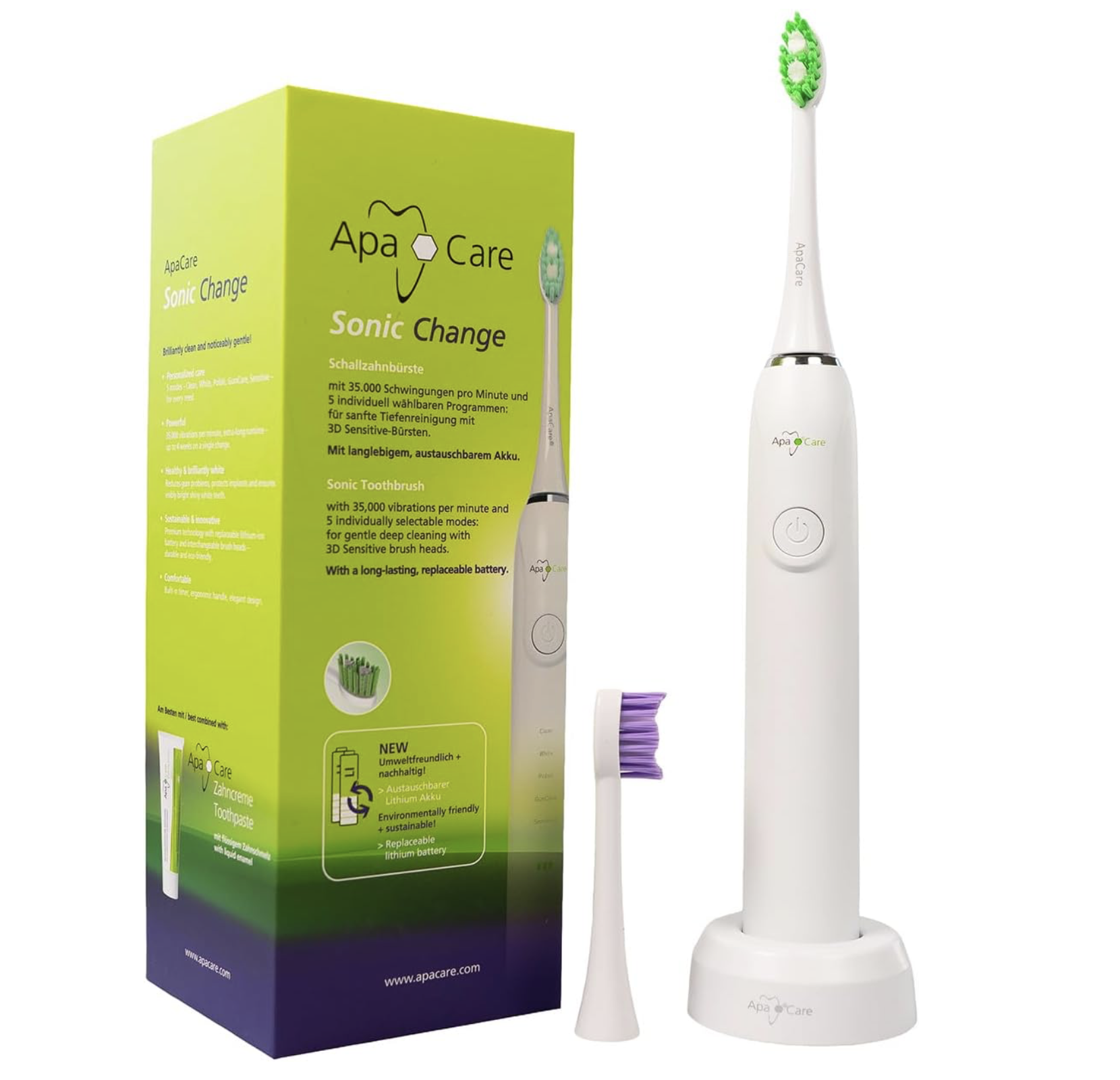 ApaCare Sonic Change Schallzahnbürste - elektrische Zahnbürste mit 35.000 Schwingungen/Min., 5 Programmen und austauschbarem Akku, inkl. 2 "3D Sensitive" Bürstenköpfen